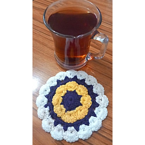 Bardak altlığı El yapımı örgü  - Çap 10 cm-sarı-siyah-beyaz 