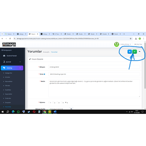 OpenCart yönetici panelindeki Uygula butonu